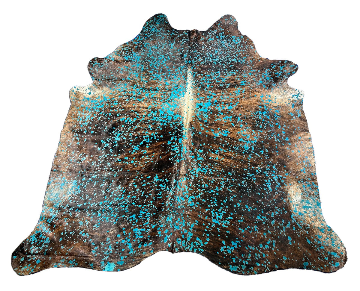 Dark Brindle Cowhide Rug with Turquoise Acid Wash - Size: 8x7.7 feet C-1720