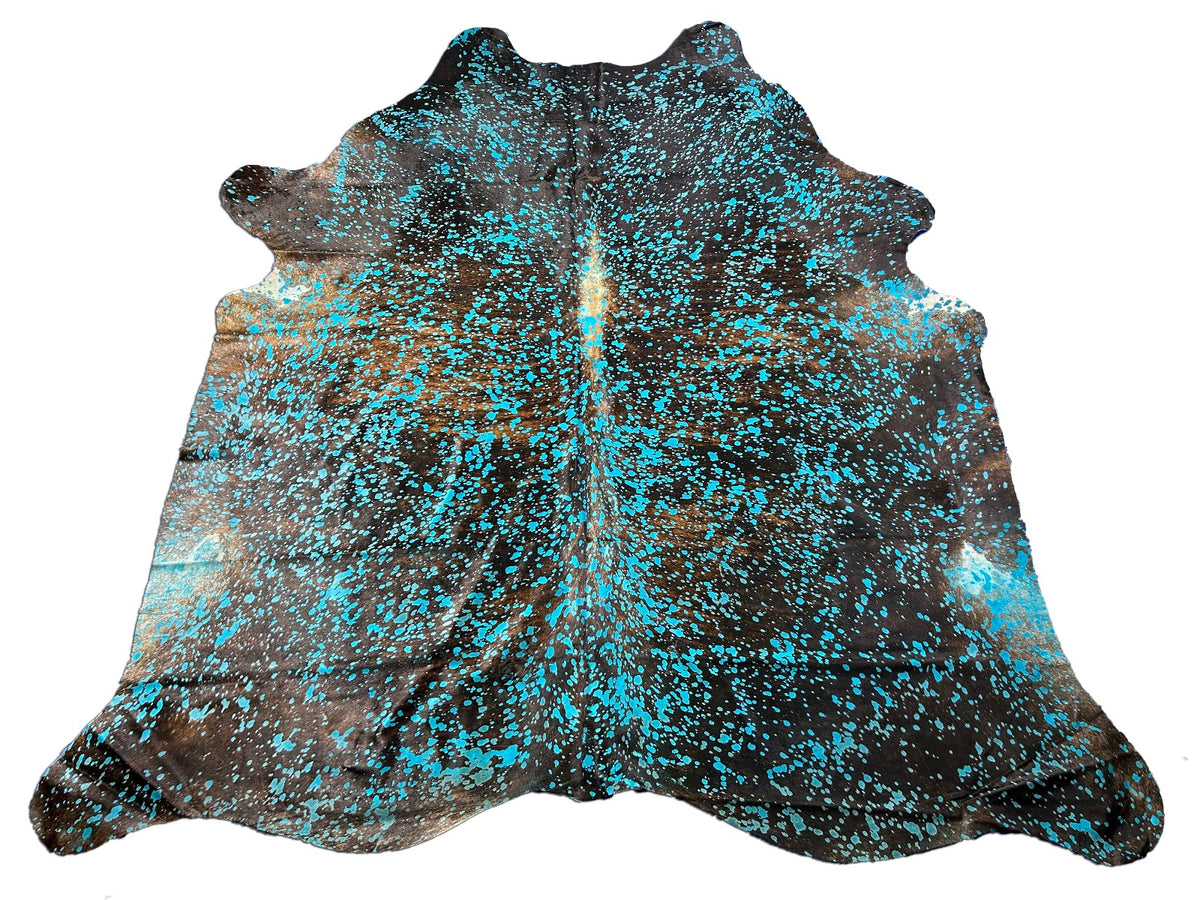 Dark Brown Brindle Cowhide Rug with Turquoise Acid Wash - Size: 8x7.7 feet C-1723