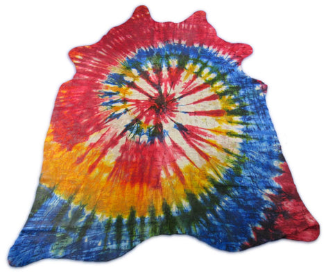 Beautiful Acid Washed & Tie Dye Cowhide Rug (has an particular odor) - Size: 7x6.2 feet C-1726