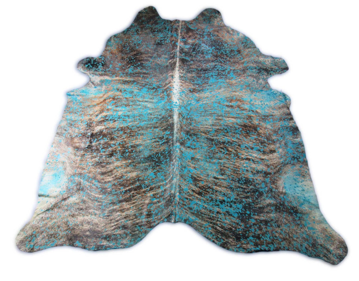 Huge Brindle Cowhide Rug with Turquoise Acid Washed Size: 8.2x7.5 feet C-1761