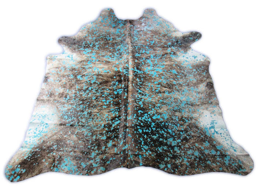 Brindle Cowhide Rug with Turquoise Acid Washed (stitches) Size: 7.2x7.2 feet C-1763