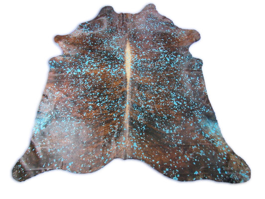 Dark Brindle Cowhide Rug with Turquoise Acid Washed (gorgeous dorsal line) Size: 8x8 feet C-1771