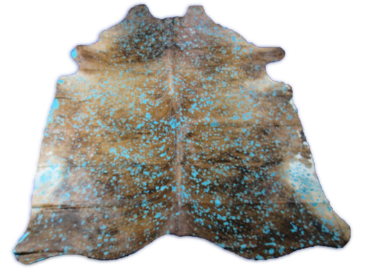 Medium Brindle Cowhide Rug with Turquoise Acid Washed Size: 7x6.2 feet C-1772