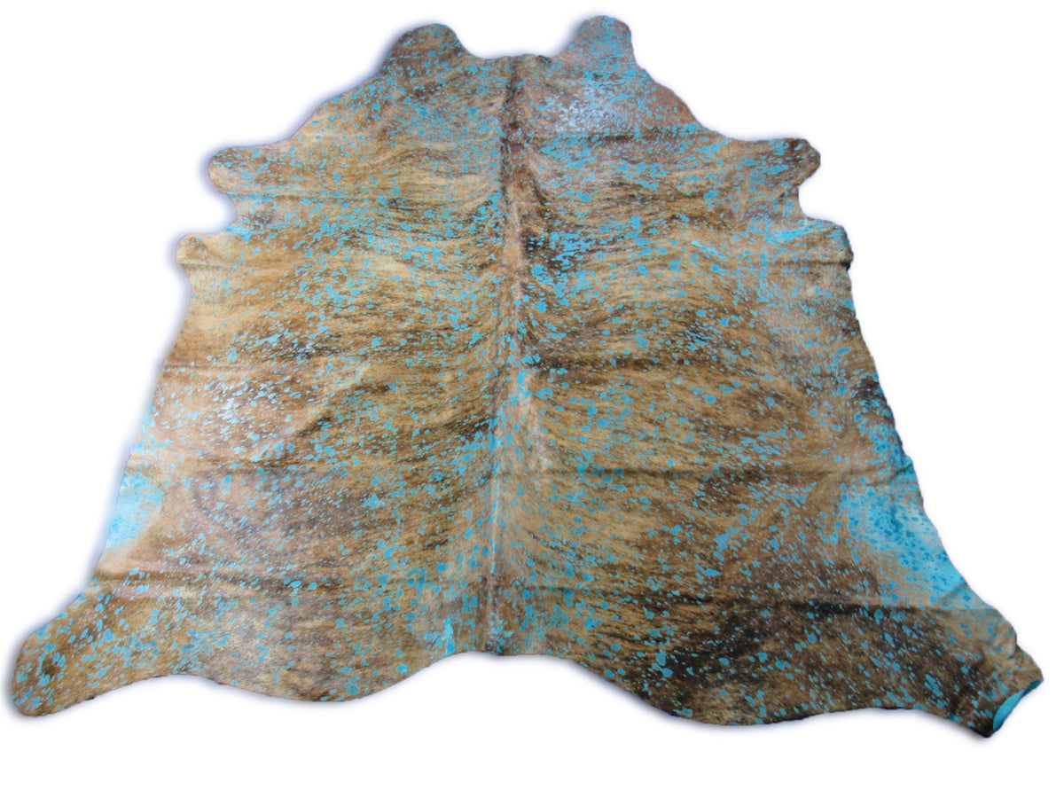 Medium Brindle Cowhide Rug with Turquoise Acid Washed Size: 8x7.5 feet C-1773