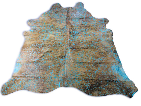 Medium Brindle Cowhide Rug with Turquoise Acid Washed Size: 8x7.5 feet C-1773