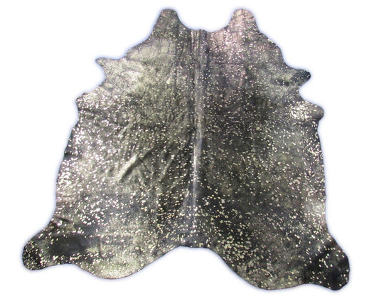 Black Cowhide Rug with Gold Metallic Acid Washed (small hole) Size: 8x6.5 feet C-1787