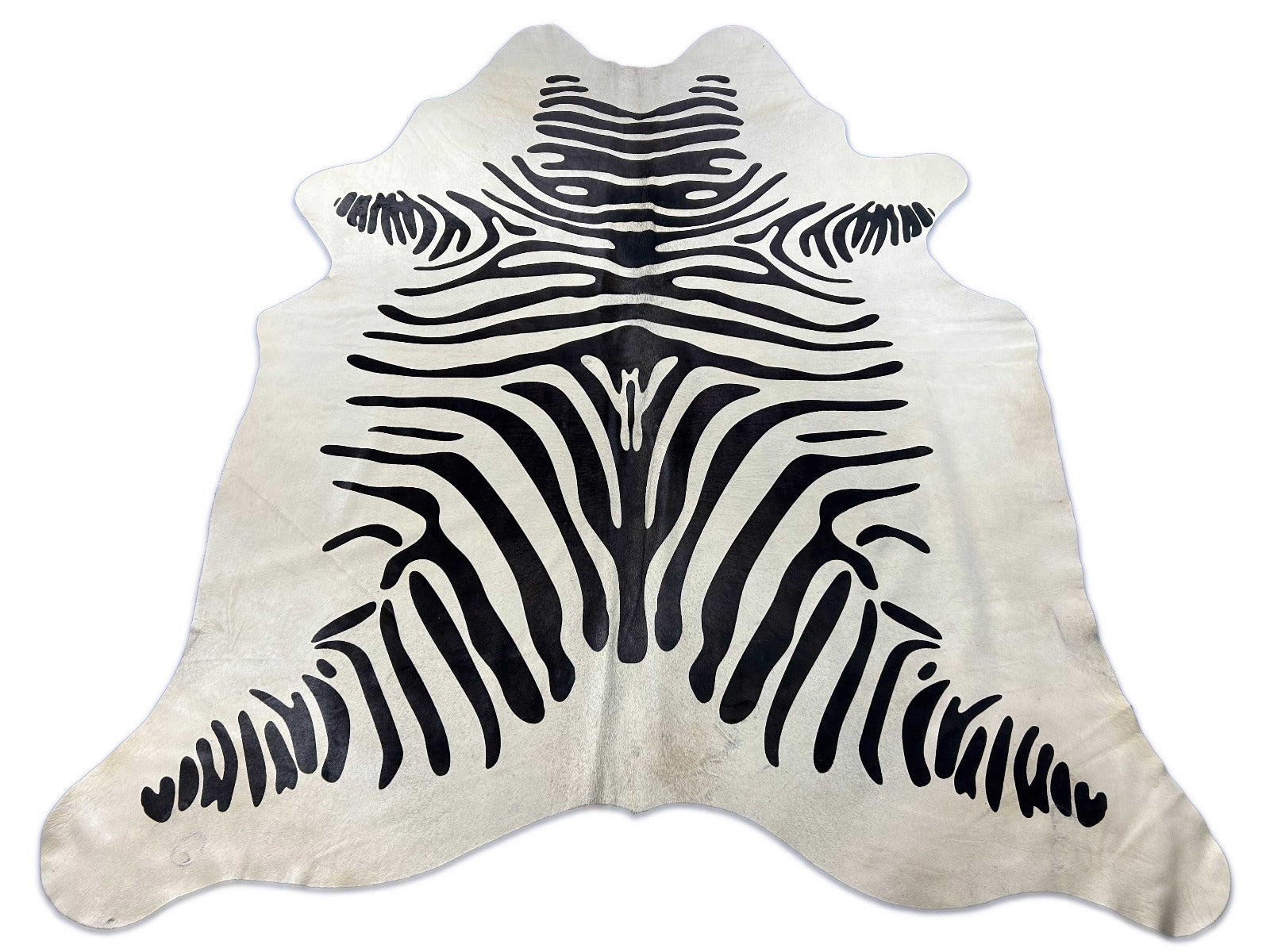Zebra Print Cowhide Rug (fire brands/ light background but a bit greyish in the middle) Size: 7x6 feet C-1858