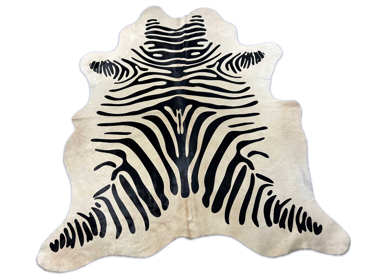 Zebra Print Cowhide Rug (fire brands/ light beige background/ shiny hair) Size: 6x6 feet C-1860
