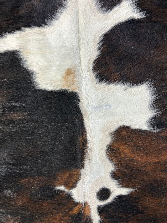 Grand tapis en peau de vache tricolore (principalement des tons foncés) Taille : 8x7 pieds C-1914