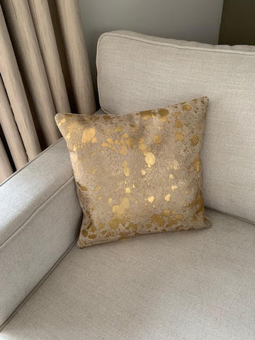 Gold Acid Washed Cowhide Pillow Cover - Square - Size: 16 in x 16 in