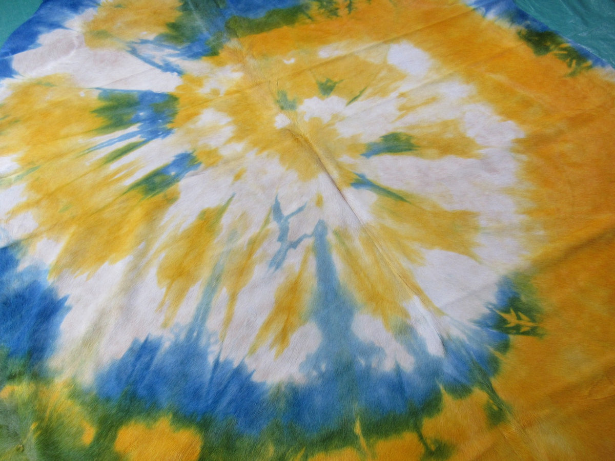 Tie Dye Cowhide Rug Size: 7' X 7' Yellow with Blue Tie-Dye Cowhide Rug C-1314