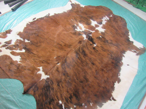 Beautiful Tricolor Cowhide Rug (mainly brown tones) Size: 7x6.5 feet M-1243