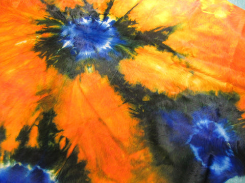 Tie Dye Cowhide Rug Size: 7 1/2' X 7 1/2' Orange with Blue Tie-Dye Cowhide Rug C-1320