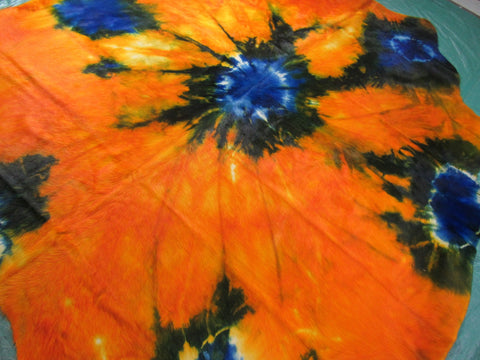 Tie Dye Cowhide Rug Size: 7 1/2' X 7 1/2' Orange with Blue Tie-Dye Cowhide Rug C-1320