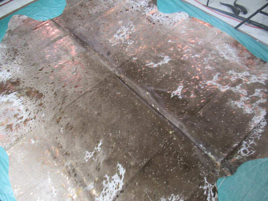 Brown & White Speckled Cowhide Rug with Bronze Metallic Acid Washed (GORGEOUS) Size: 8.5x7 feet O-1114