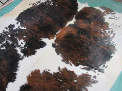 Huge Gorgeous Tricolor Cowhide Rug (absolutely HUGE/right belly is brown) Size: 7.5x7 feet M-1256