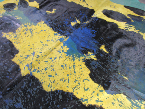 Dyed Yellow and Blue Acid Washed Cowhide Rug Size: 7.75x7.25 feet C-1343