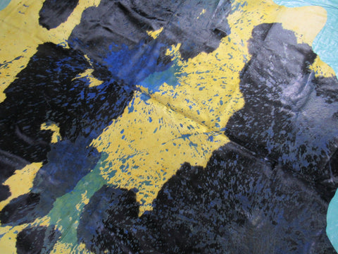 Dyed Yellow and Blue Acid Washed Cowhide Rug Size: 7.75x7.25 feet C-1343