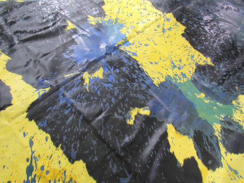 Dyed Yellow and Blue Acid Washed Cowhide Rug Size: 7.75x7.25 feet C-1343