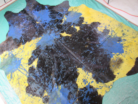 Dyed Yellow and Blue Acid Washed Cowhide Rug Size: 8x7.25 feet C-1344