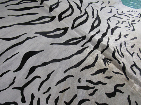 Tiger Print Cowhide Rug on Light Grey Brindle Size: 7 1/4' x 6 1/2' C-1350