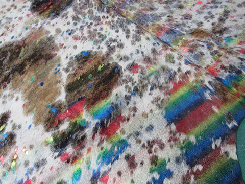 Brindle Tricolor Cowhide Rug with Rainbow Metallic Acid Washed Size: 7.7x7 feet O-1116