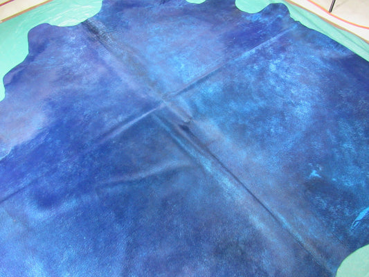 Dyed Blue Cowhide Rug with Metallic (not acid washed) Size: 7x7.2 feet O-1120