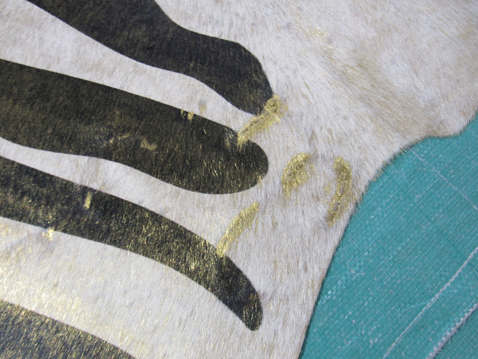 Zebra Cowhide Rug with Gold Metallic (not acid washed, just metallic glitter) - Size: 6.5x6 feet M-1298