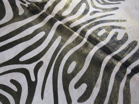 Zebra Cowhide Rug with Gold Metallic (not acid washed, just metallic glitter) - Size: 6.5x6 feet M-1298