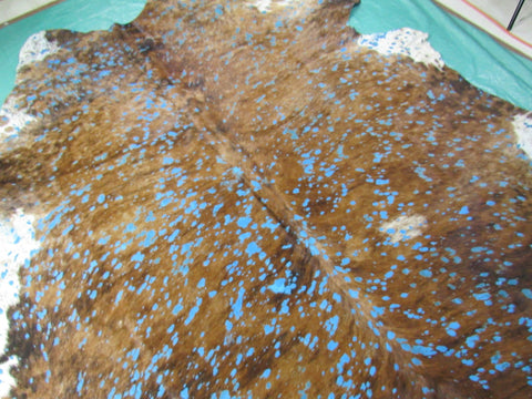 Brown Brindle with Turquoise Acid Wash Devore Cowhide Rug - Size: 7.2x7 feet O-1122