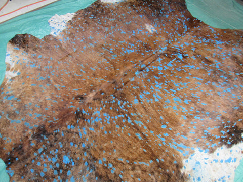 Brown Brindle with Turquoise Acid Wash Devore Cowhide Rug - Size: 7.2x7 feet O-1122