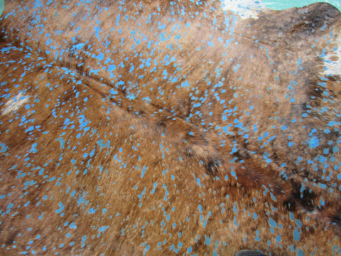 Brown Brindle with Turquoise Acid Wash Devore Cowhide Rug - Size: 7.2x7 feet O-1122