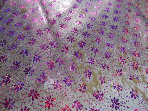 Tapis en cuir de vache violet/rosé Fleurs métalliques (holographiques - changent de couleur sous différents angles) Taille : 7x7 pieds C-1367