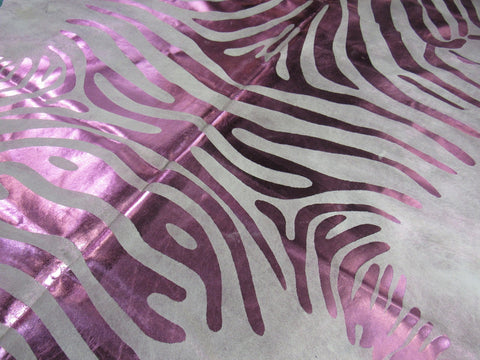 Metallic Pink Zebra Print Cowhide Rug Size: 7 1/4' X 7' Cream/Pink Zebra Acid Washed Cowhide Rug C-1368