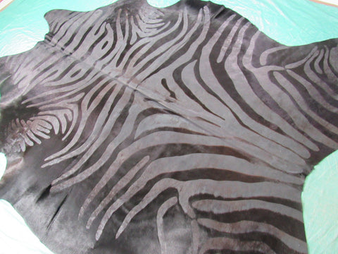 Dyed Black Cowhide Rug with Zebra Acid Washed Stripes Size: 7x5.75 feet B-134