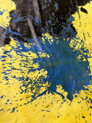 Huge Dyed Yellow Cowhide Rug with Abstract Blue Acid Washed Lines - Size: 9x7 feet M-1579