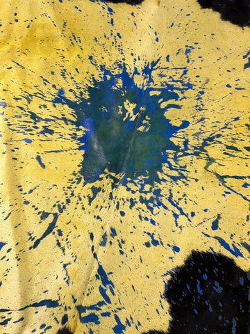 Huge Dyed Yellow Cowhide Rug with Abstract Blue Acid Washed Lines - Size: 9x7 feet M-1579