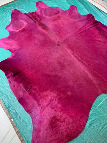 Dyed Magenta Cowhide Rug (belly and dorsal line has longer hair) Size: 7 1/4x7 1/2 feet C-1488