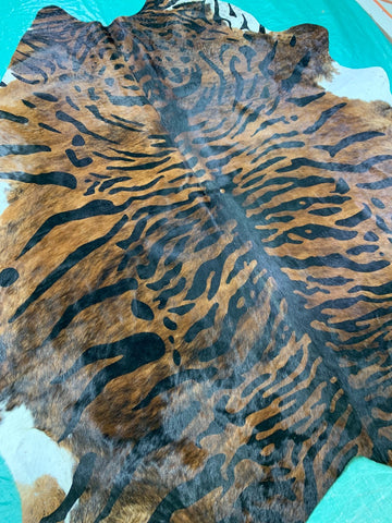 Dark Brindle Cowhide Rug with Tiger Print Size: 7x6 feet C-1493