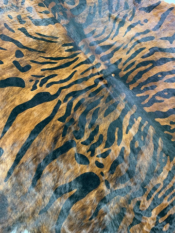 Dark Brindle Cowhide Rug with Tiger Print Size: 7x6 feet C-1493