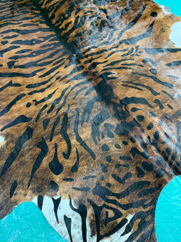 Dark Brindle Cowhide Rug with Tiger Print Size: 7x6 feet C-1493