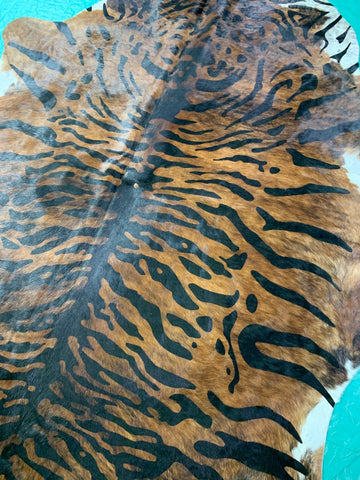 Dark Brindle Cowhide Rug with Tiger Print Size: 7x6 feet C-1493