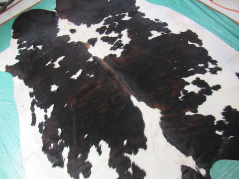 Huge Tricolor Cowhide Rug (mainly dark tones/almost black and white) Size: 8x7 feet M-1346