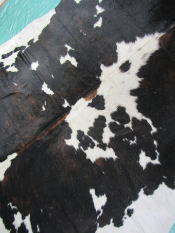 Huge Tricolor Cowhide Rug (mainly dark tones/almost black and white) Size: 8x7 feet M-1346