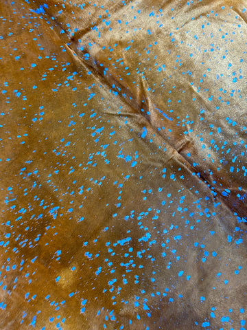Brown Cowhide Rug with Blue Acid Wash - Size: 8x7 feet K-269