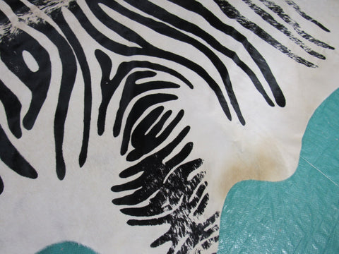 Distressed Zebra Cowhide Rug (background is offwhite/ edges are a bit darker) Size: 7.2x6 feet M-1365