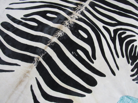 Distressed Zebra Cowhide Rug (background is offwhite/ edges are a bit darker) Size: 7.2x6 feet M-1365