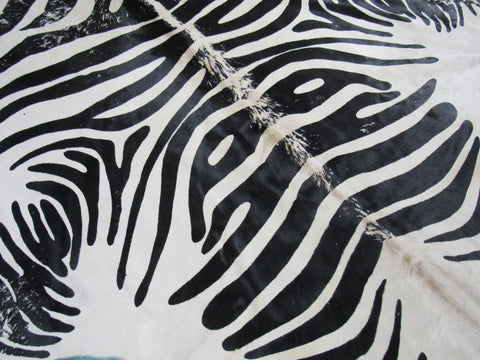 Distressed Zebra Cowhide Rug (background is offwhite/ edges are a bit darker) Size: 7.2x6 feet M-1365