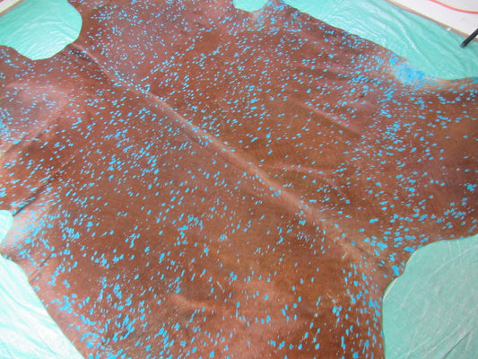 Brown Cowhide Rug with Blue Acid Washed Size: 7.5x6.5 feet C-1387
