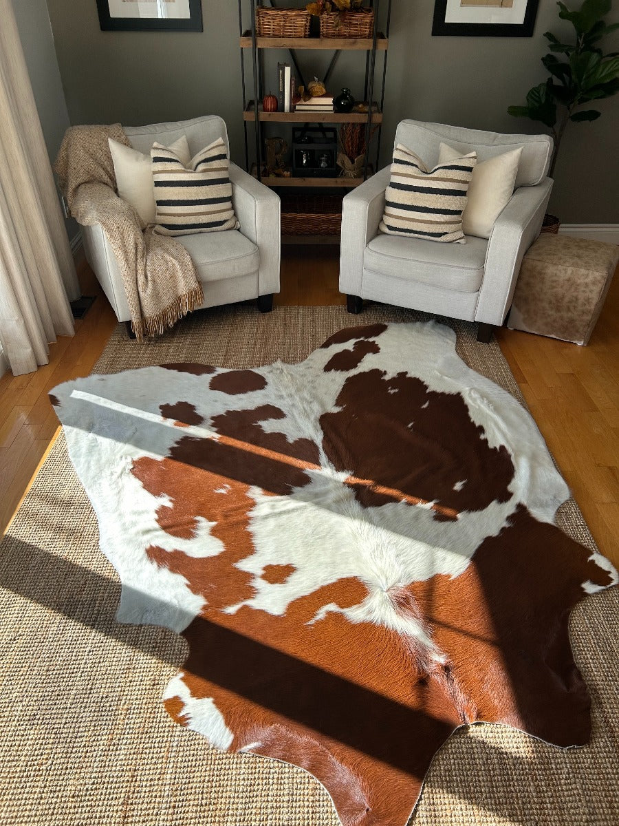 Brown and White Cowhide Rug, Brown and White Cowhide -Brazilian Cowhide Rug - Average Size 7x7 feet